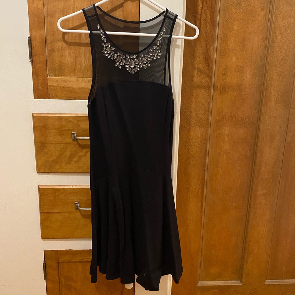 EXPRESS Elegant Black Dress with Sheer, Bling Embellished Neckline Size 4